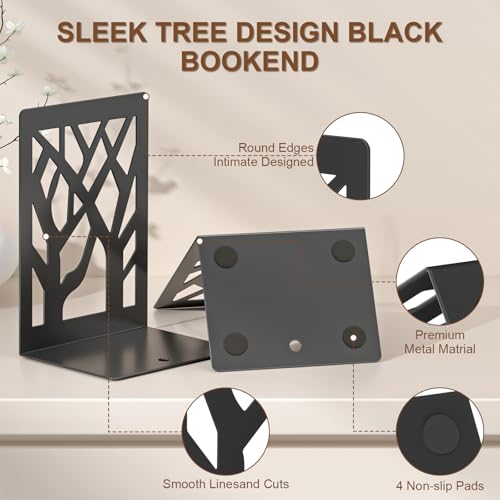 VFINE 8-Piece Metal Bookends for Shelves, Black Tree Book Ends for Books, Decorative Desk Book Organizer, Non-Skid Shelve Bookends for Home Office Shcool Supplies - style: Black bookend 4 pairs