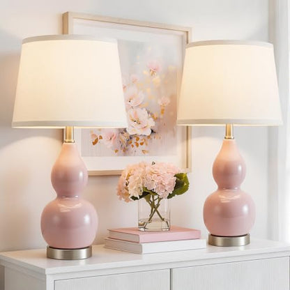 GyroVu 22" Table Lamp Set of 2, Color Temperature Adjustable Double Gourd Ceramic Lamps Classic Nightstand Table Lamps for Bedroom Beside Lamps for Living Room, Pink-Bulbs Included - color: 22.63" Pink Gourd