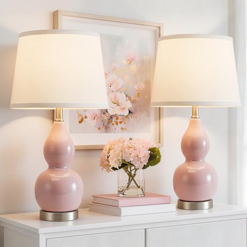 GyroVu 22" Table Lamp Set of 2, Color Temperature Adjustable Double Gourd Ceramic Lamps Classic Nightstand Table Lamps for Bedroom Beside Lamps for Living Room, Pink-Bulbs Included - color: 22.63" Pink Gourd