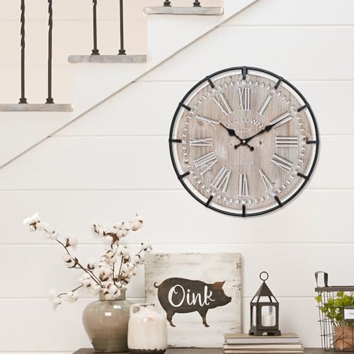 EMAX HOME 12 Inch Farmhouse Wall Clock Rustic Antique Wood with Metal Circle and Large Engraved Numerals, Silent Battery Operated Wall Clock for Office Kitchen Bedroom Living Room - color: Brown, size: 12 Inch Roman numerals