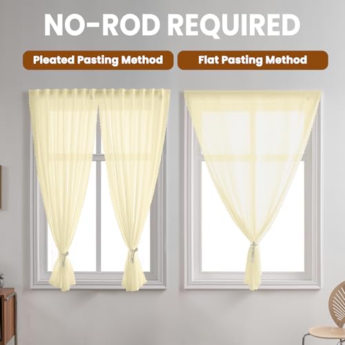 Beige Gauze Curtains Sheer Self-Adhesive, Translucent Privacy Panel, Fold-Up Portable Curtain No Drill (44" W x 63" L,Beige,2 Panels) - color: Beige, size: 44"W x 63"L (Pack of 2)