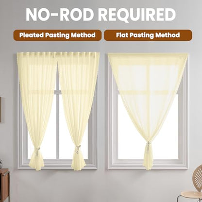Beige Gauze Curtains Sheer Self-Adhesive, Translucent Privacy Panel, Fold-Up Portable Curtain No Drill (44" W x 63" L,Beige,2 Panels) - color: Beige, size: 44"W x 63"L (Pack of 2)