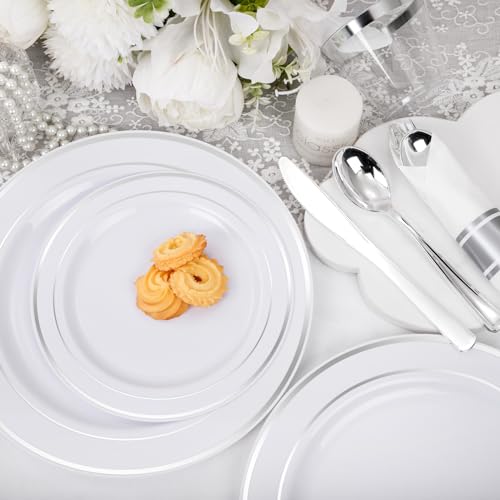 WELLIFE 210 Piece Silver Plastic Dinnerware Set for 30 Guests, Include: 30 Dinner Plates, 30 Dessert Plates, 30 Pre Rolled Napkins with Silverware and 30 Silver Cups - color: Silver, style: 210PCS（30 Guests）
