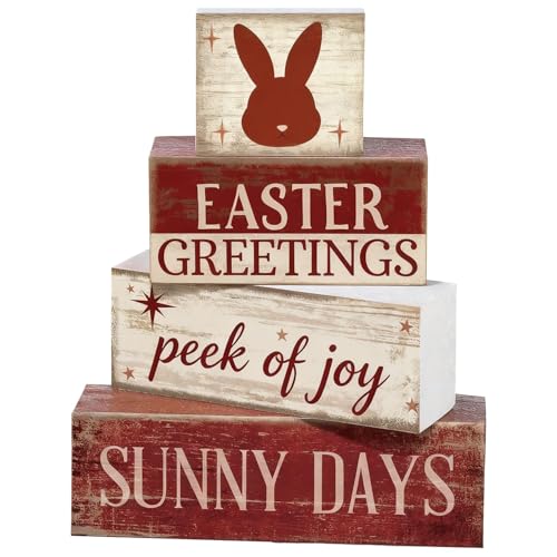 Easter Decorations - Easter Greetings Bunny Tiered Tray Decor - Wooden Easter Bunny Tabletop Sign - Rustic Farmhouse Spring Home Decor Indoor for Tiered Tray Shelf Mantel Entryway Coffee Table - Spring Home Decor for Living Room, Kitchen Counter - style: