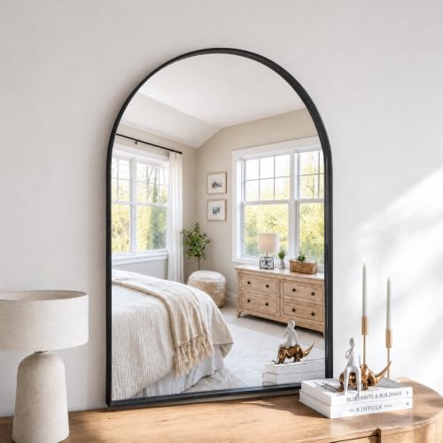 36"x30" Black Arched Mirror, Arched Wall Mirror with Metal Frame, Wall Mounted Large Arched Mirror for Living Room, Restroom, Entryway, Tempered Glass, Modern Home Decor - color: Black-square Corner, size: 36"L x 30"W