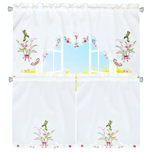Simhomsen Embroidered Hummingbird Kitchen Window Curtain Swag and Tiers Set for Spring and Summer (Hummingbird) - color: Hummingbird