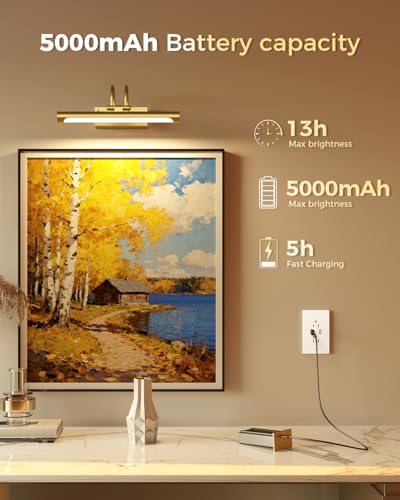 Wireless Rechargeable Picture Light with Remote, 12.6″ Battery Operated Art Gallery Wall Light, Dual 5000mAh Batteries, Dimmable with Timer, Adjustable Design, Electroplated Gold Finish - color: Battery Operated-Brass, size: 12.6 Inch