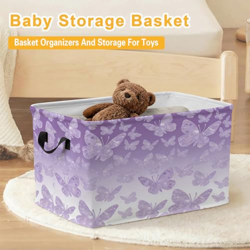Purple Butterfly Laundry Hamper 56L Large Storage Bin with Handles - color: Purple Butterfly
