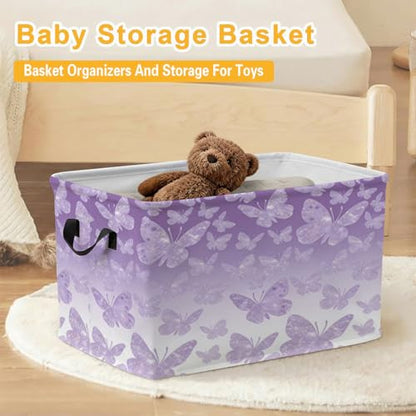 Purple Butterfly Laundry Hamper 56L Large Storage Bin with Handles - color: Purple Butterfly