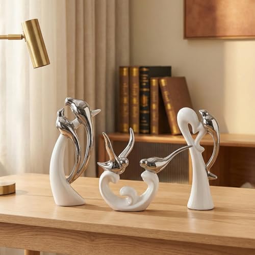 Ceramic Statues Set of 3, Birds and Base Sculpture Modern Home Decor - color: White and Silver