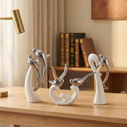Ceramic Statues Set of 3, Birds and Base Sculpture Modern Home Decor - color: White and Silver