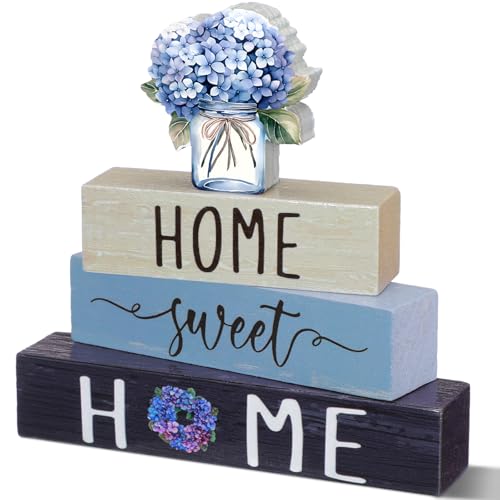 Cinnvoice 4 Pcs Farmhouse Wooden Tabletop Decor Blue Hydrangea Tiered Tray - style: Blue Hydrangea