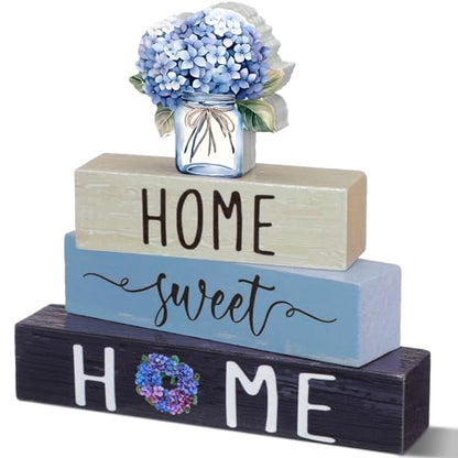 Cinnvoice 4 Pcs Farmhouse Wooden Tabletop Decor Blue Hydrangea Tiered Tray - style: Blue Hydrangea