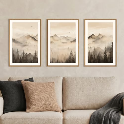 Celestdeco Neutral Misty Mountain Forest Framed Canvas Wall Art-16"x24"x3 | Foggy Pine Tree Landscape Wall Decor,Watercolor Beige Brown Art Prints,Nature Scenery Artwork for Living Room,Bedroom,Office - color: Misty Forest Wall Art, size: 16"L x 24"W