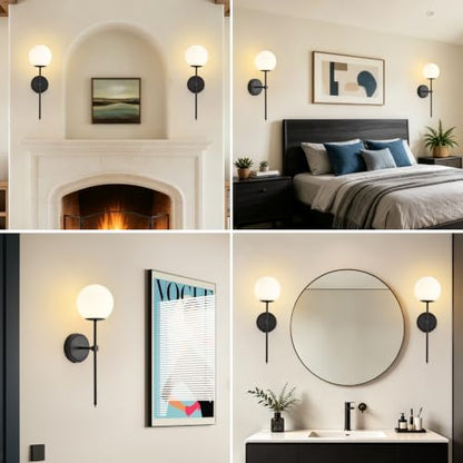 Globe Battery Operated Sconce Set of 2 with Clear Glass Lampshade - color: Black-Frosted White