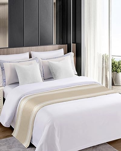 Bed Runner for Cal.King Size Bed, Beige Striped Bed Scarf Throws for Foot of Bed, Farmhouse Luxurious White Stripes Modern Abstract Art Bedding Protector Bed Runners for Hotel/Home, 102 x 20 Inch - size: 102 x 20 inches(Cal. King)