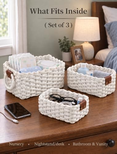 Small Wicker Baskets, 3 PCS Paper Rope Baskets for Shelves, White - color: White