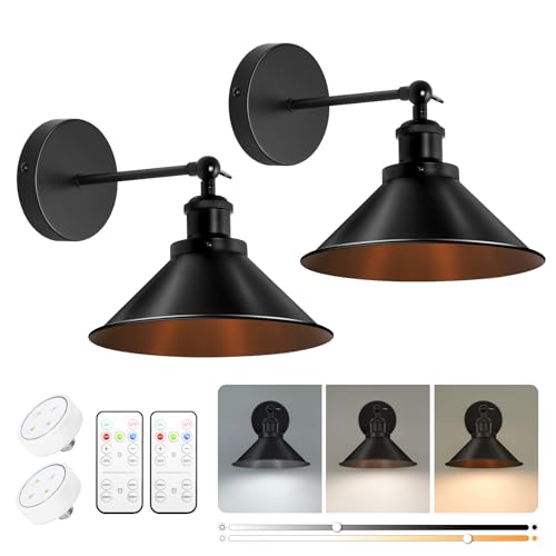 KELUOLY Black Battery Operated Wall Sconce, Vintage Wall Lights Battery Powered Sconces Wall Lamp Fixture Farmhouse Cordless Wall Lights Set of 2 with Remote Adjustable for Bedroom Industrial Hallway - color: Black