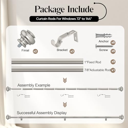 SIMEWIN Heavy Duty Curtain Rods 72 to 144 Inches, 1 Inch Silver for Bedroom, Living Room, Patio, Kitchen, Adjustable With Classic Finials, Silver Finishing - color: Silver, size: 28"-144"