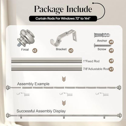 SIMEWIN Heavy Duty Curtain Rods 72 to 144 Inches, 1 Inch Silver for Bedroom, Living Room, Patio, Kitchen, Adjustable With Classic Finials, Silver Finishing - color: Silver, size: 28"-144"