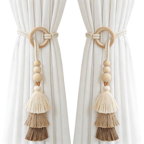 Boho Curtain Tiebacks with Wooden Beads & Tassel 2 Pack, Beige