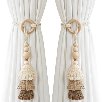 Boho Curtain Tiebacks with Wooden Beads & Tassel 2 Pack, Beige