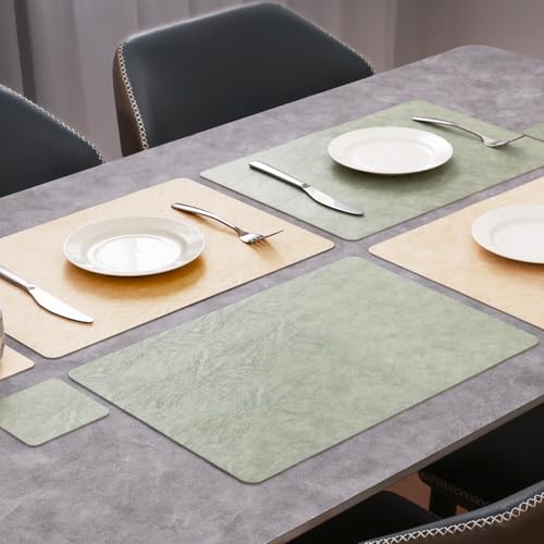 Vinyl Placemats Set of 4, Dual Sided Place Mats with Drink Coasters - color: Beige/Sage Green Two-tone, size: Set of 4
