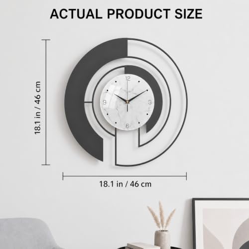 18-Inch Modern Black Metal Wall Clock, Marble Patterned Glass Dial - color: Black