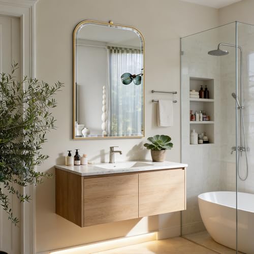POZINO 35"x22" Brushed Gold Rectangle Beveled Bathroom Mirror for Over Sink - color: Gold Arch, size: 35"L x 22"W