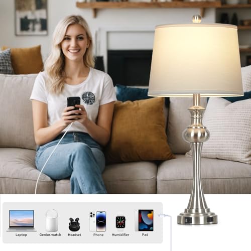 28.75" Silver Table Lamps for Living Room,Touch Lamps for Bedrooms Bedside Lamp 3-Way Dimmable Touch Control, Modern Silver Nightstand Lamp Fabric Shade Mid Century Accent Style（Bulb Inclued） - color: 1Pack-Silver