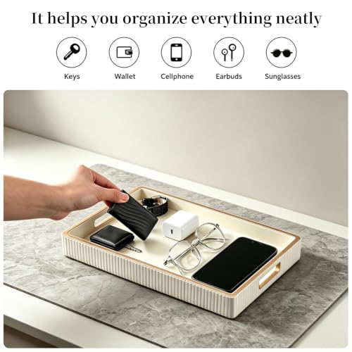 SANZIE Leather Tray Desktop Storage Organizer, Rectangle Valet Tray, White - color: White Holder