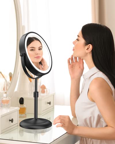 7" Lighted Makeup Mirror with Magnification 10X, Height Adjustable,3 Lights - color: Black