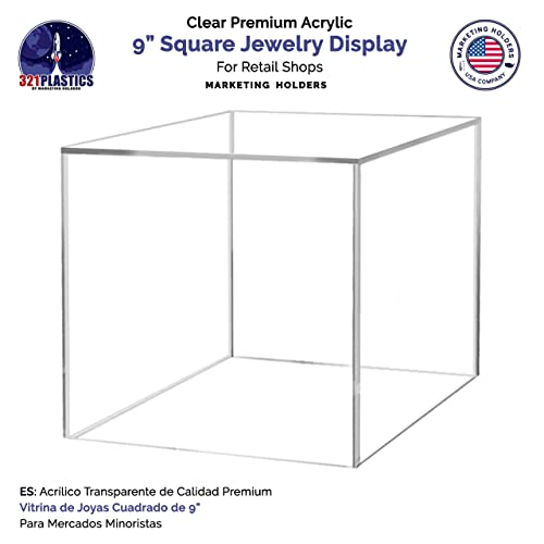 9 Inch Acrylic Display Riser Box with One Open Side No Lid Versatile Clear Square Lucite Retail Product Platform and Merchandise Storage Bin No Assembly by Marketing Holders