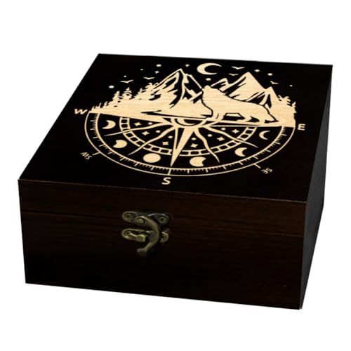 arricraft Small Wood Keepsake Storage Box, Moon Compass Wolf mountain Range
