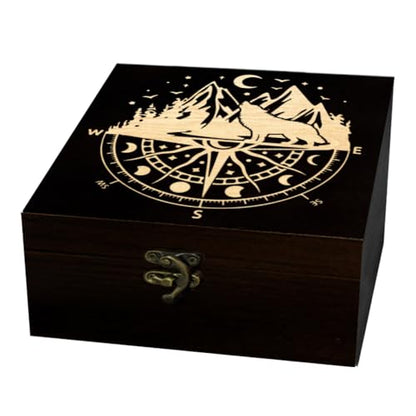 arricraft Small Wood Keepsake Storage Box, Moon Compass Wolf mountain Range