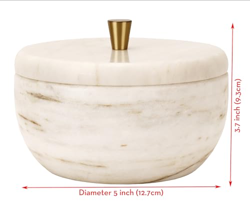White Marble Storage Box with Copper Knob – Round Decorative Organizer for Jewelry, Trinkets, Bathroom or Office – Natural Marble with Soft Padded Bottom, 5" Diameter x 3.7" H, 3.3 lb
