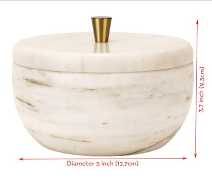 White Marble Storage Box with Copper Knob – Round Decorative Organizer for Jewelry, Trinkets, Bathroom or Office – Natural Marble with Soft Padded Bottom, 5" Diameter x 3.7" H, 3.3 lb