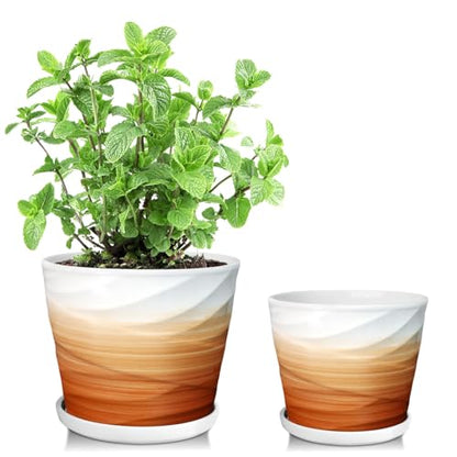Ceramic Plant Pot, 6.7 + 5.5 Inch, Khaki + White - color: Khaki + White, size: 6.7 + 5.5 Inch-2 Pack