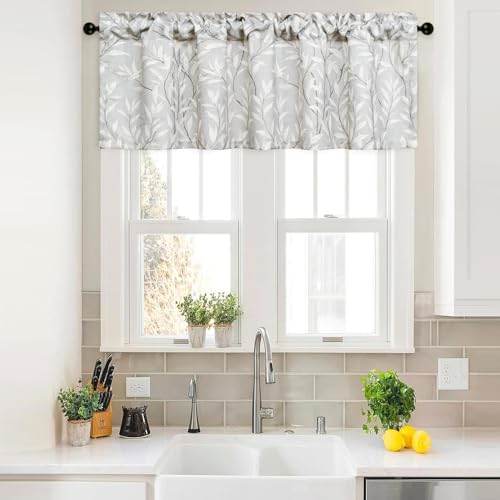 VOGOL Curtain Valances Leaves Meticulous Printed Window Curtains for Kitchen, Top Rod Pocket 60 x 18 Valance for Farmhouse Small Window, Grey, One Panel - color: Grey, size: 60"W x 18"L (Pack of 1)