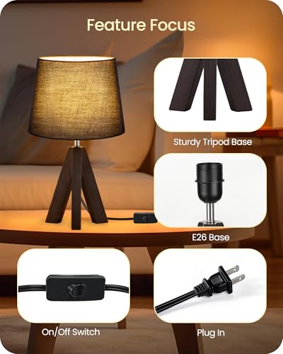 Small Table Lamp for Bedroom, 14.6" Bedside Lamp with Black Linen Shade & Walnut Wood Tripod Base, Modern Nightstand Lamp, Blak Lamp for Living Room, Nursery, Entryway, E26 Socket, VB51TL05 - color: Black+Dark Walnut