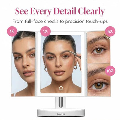 Fancii LED Lighted Vanity Makeup Mirror, Rechargeable Trifold Mirror with 5X & 10x Magnifications - 68 Dimmable Natural Lights, Touch Screen, Best Adjustable Make Up Mirror with Cosmetic Stand