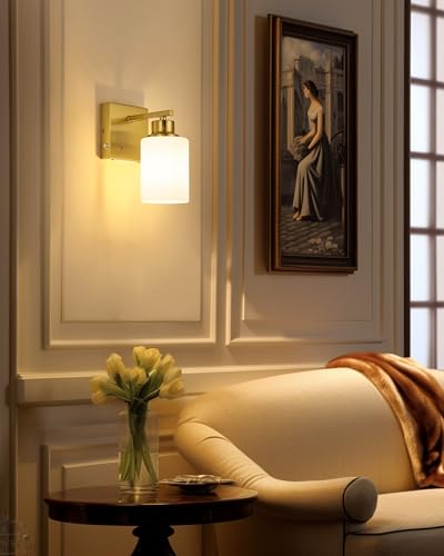 Wireless Battery Operated Wall Sconce Set of Two, Modern, White Glass, Gold | Dimmable, Easy Install Rechargeable Wall Lights with Timer Remote for Living Room Bedroom, Emergency 3000K - color: Gold(White Lampshades)
