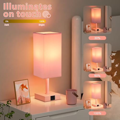 Touch Table Lamp for Bedroom - Dimmable, USB C+A, Pink Lamphade Pink Base - color: Pink & Pink