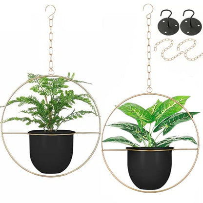 2 Pack Hanging Planter with 5.5" Pot, Metal Hanging Plant Holder - color: Black & Gold