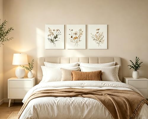 Framed Wildflower Canvas Wall Art Set of 3 Neutral Botanical Prints, Beige Minimalist Floral Wall Decor, Cottagecore Nature Flower Pictures for Bedroom, 12x16 Ready to Hang - color: Neutral Botanical, size: 12x16 Canvas