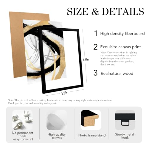 LYYGLYY 3Pcs Black Framed Black Gold and White Canvas Wall Art 12x16 Inches - color: Black Frame Dancing Lines, size: 12x16 Inches