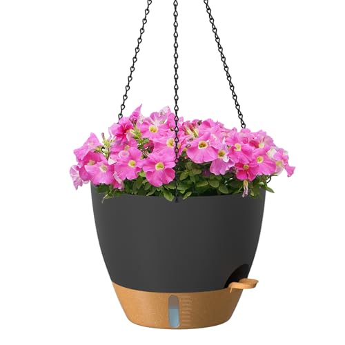 ZMTECH 12 Inch Large Self Watering Hanging Planters for Indoor Outdoor Plants - Water Level Indicator & Removable 60 Oz Reservoir, 1 Pack Plastic Hanging Basket for Window Porch Garden Balcony, Black - color: Black, size: 12 Inch