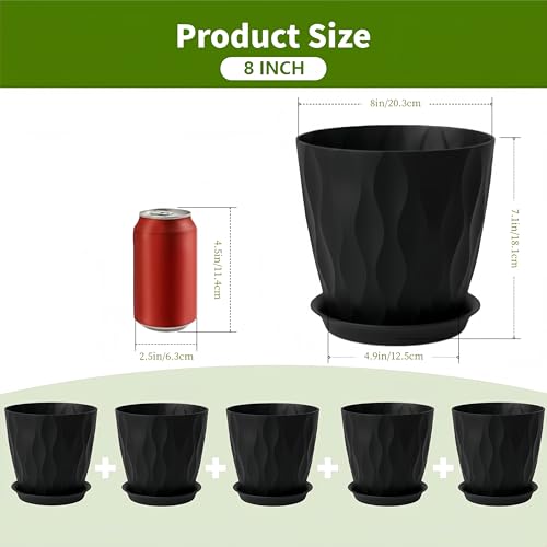 6 Pack 8 Inch Plastic Plant Pots with Drainage Holes and Trays, Black - color: Black 8 Inch
