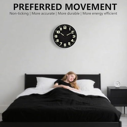12 Inch Silent Wall Clocks Battery Operated, Glow in the Dark Wall Clock with Easy Read Numbers Non-Ticking Tempered Glass Night Vision Clocks for Living Room Office Gym Bedroom, Modern Black - color: Black Green, size: 12 Inch