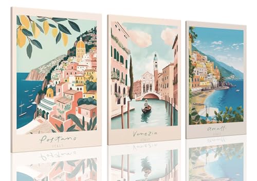 XLARTMY Italy Amalfi Coast Travel Posters Wall Art Framed Canvas Decor City Landscape Blue Venice Coast Painting Beach Modern Artwork for Living Room Bedroom Bathroom Office Set of 3 16x24in - color: Travel Coast, size: 16x24in Canvas